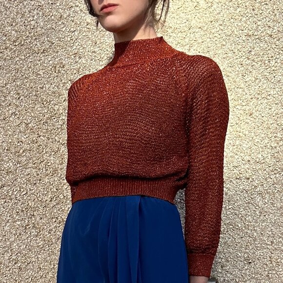 Mila Zovko Cropped Metallic Copper Mock Neck Raglan Sweater - Picture 1 of 16